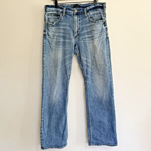 Silver Jeans ZAC Flap Men's 36x30 Straight Faded Western Blue Denim Thick Stitch